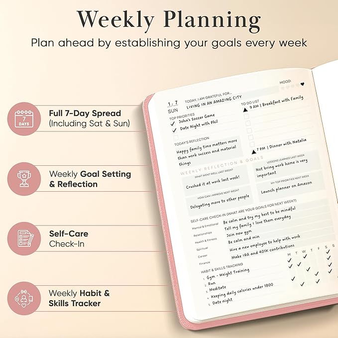 2026 Planner, Daily Journal & Gratitude Journal All-In-One with To Do List, Self Care Prompts & Habit Tracker - 7 x 10 - Pink