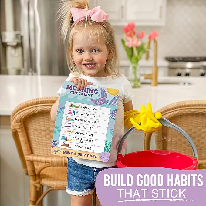 Magnetic Morning & Bedtime Routine Chart for Kids - Customizable Toddler Daily Schedule Board with Dry Erase Surface, Stickers & Marker, Build Habits with Visual Checklists, Mermaid Theme