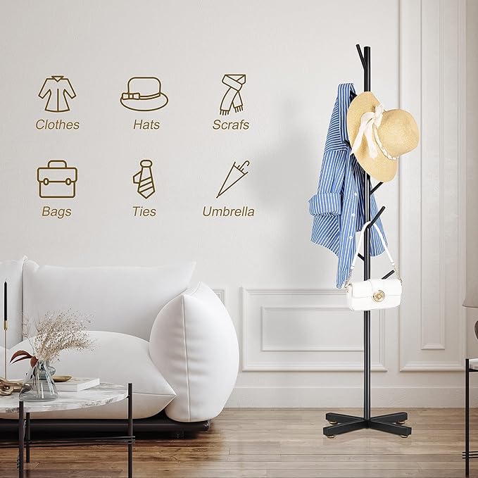 ZOZOE Modern Metal Coat Rack Stand, Coat Rack Freestanding with 8 Hooks, Coat Racks Easy to Assemble, Black Coat Hall Tree Hanger Stand for Jacket, Bag, Hat, Entryway