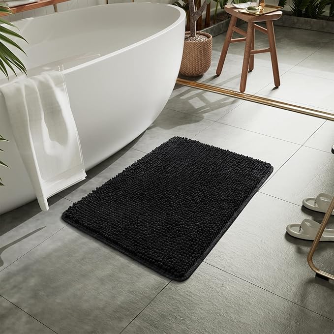 LOCHAS Luxury Bathroom Rug Shaggy Bath Mat 24 x 17 Inch, Washable Non Slip Bath Rugs for Bathroom Shower, Soft Plush Chenille Absorbent Carpets Mats, Black