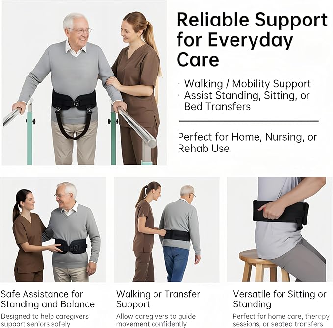 Upgraded Gait Belt with Metal Buckle, Transfer Belt with Handles and Leg Straps, Lift Belt for Seniors, Walking Support, Mobility and Elderly Assistance (Black, Medium)