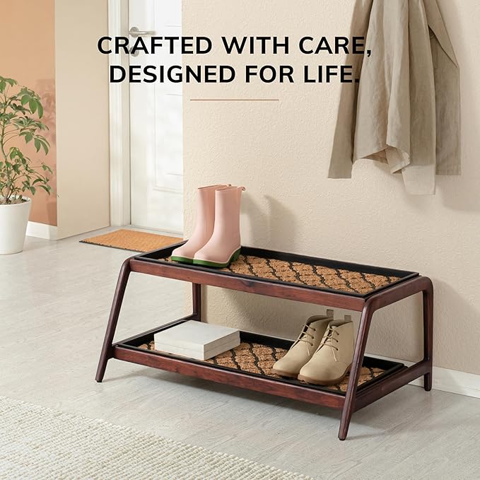 Anji Mountain Heavy Duty Waterproof Wooden Shoe Storage Mat Organizer/Boot Storage Tray Multi Use for Entryway with Coir, Tan and Black Trellis Insert, 2 Tier, Fits 6 Pair (36.5" Wide)