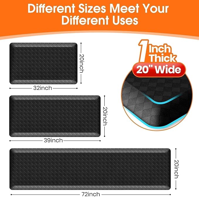 StepRite 1” Thick Kitchen Mats for Floor, Anti Fatigue Kitchen Rugs, Non-Slip,Heavy Duty Waterproof Kitchen Rug, Standing Desk Mat，Xmas Decor，Gifts for Friends, Family, Home, Kitchen, Office, (Black)