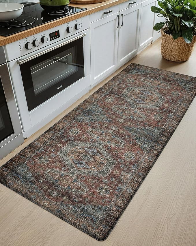 Color&Geometry Kitchen Floor Mats Anti Fatigue, Cushioned Boho Rugs,Waterproof Non Slip Kitchen Runner for Sink, Standing Mats for Office,24"x87",Dark Red
