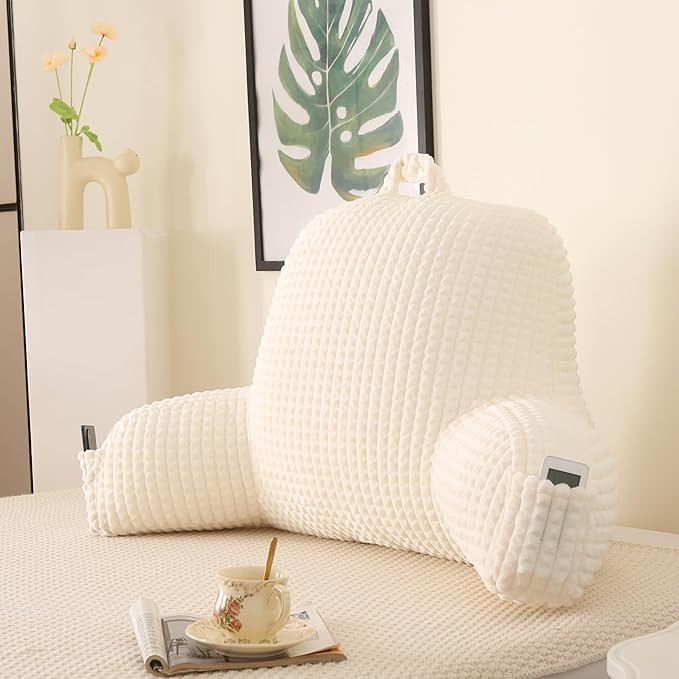 Reading Pillow for Sitting in Bed, Large Backrest Reading Pillow with Arm Rest,Back-Rest Support Cushion for Sit Up on Couch, Sofa, and Floor, Dorm Essentials (Cream Flannel, Standard(17inch))