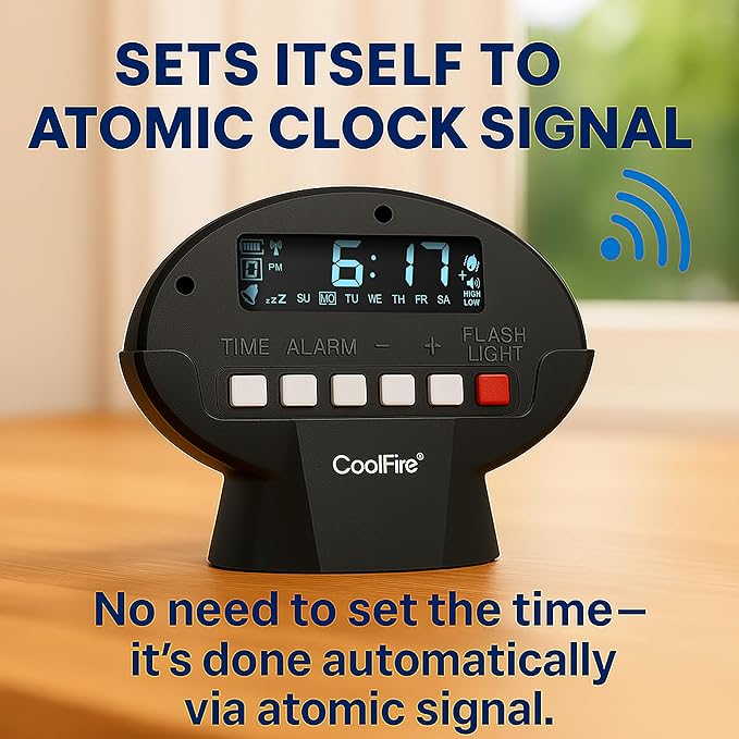 Coolfire – Vibrating Alarm Clock for Heavy Sleepers | Auto Set Bed Shaker Super Loud Alarm Clock Under Pillow | Auto Set, Auto DST | Cordless Rechargeable, Hearing Impaired, LCD Backlight