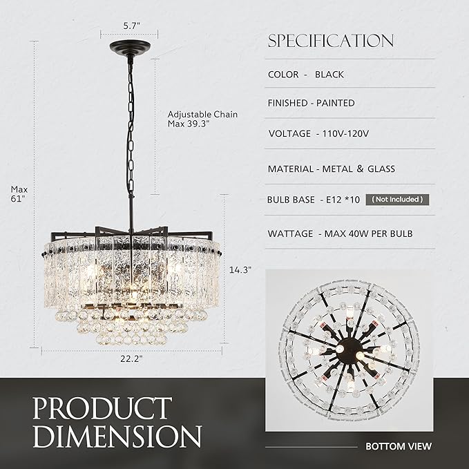 22.2" 10-Light Modern Glass Chandelier Light Fixtures Black 3-Tier Crystal Beads Chandeliers for Dining Room Round Hanging Ceiling Pendant Lighting for Kitchen Island Entryway Foyer Hallway