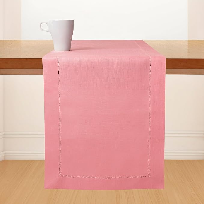 D'Moksha Homes Linen Dusty Pink Table Runner 108 Inches Long - 100% Pure Linen 14 x 108 Inch Table Runner for Valentines, Spring, Easter - Classic Hemstitch