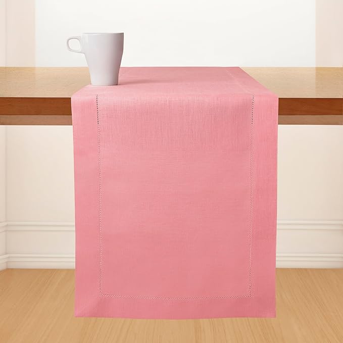 D'Moksha Homes Linen Dusty Pink Table Runner 72 Inches Long - 100% Pure Linen Hemstitch Table Runner 14 x 72 Inch for Dresser, Dining, Valentines, Spring, Easter - Classic Hemstitch