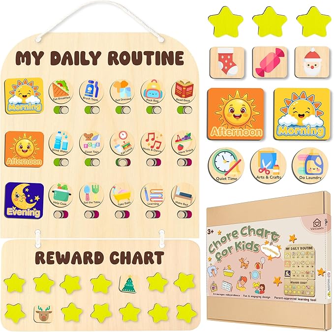 2-in-1 Chore Chart for Kids Toddler & Teens, Montessori Wooden Routine Responsibility Board, Visual Schedule, Reward System for ADHD Autism, Daily Morning & Bedtime Checklist, 11.3''x17.7''