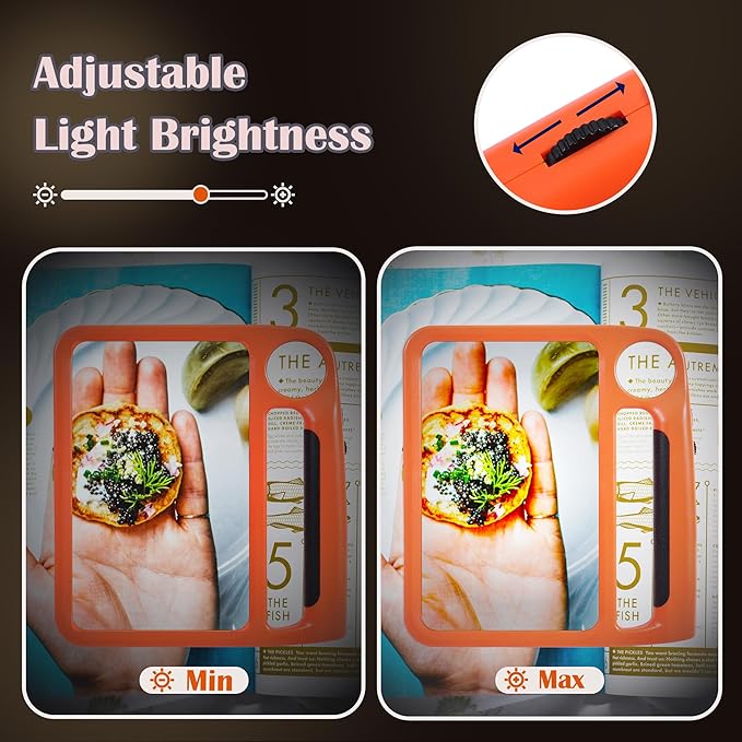5X 10X Full Page Magnifying Glass for Reading, Rechargeable with 48 Adjustable LED Lights & 3 Light Modes, Comfort-Grip & Lightweight Handheld Magnifier for Seniors, Reading Aid, Low Vision(Orange)