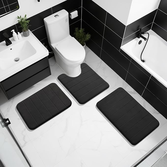 Yimobra Memory Foam Toilet Bath Mat U-Shaped, Soft and Comfortable, Super Water Absorption, Non-Slip, Thick, Machine Wash and Easier to Dry for Bathroom Commode Contour Rug, 24 X 20 Inches, Black