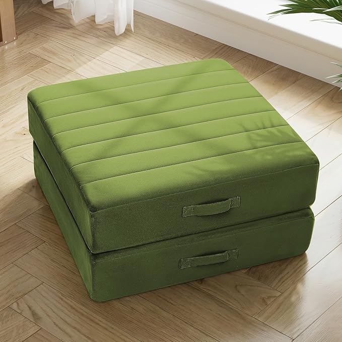 MeMoreCool Square Floor Pillows for Adults Kids, 2 Sets Large Meditation Cushion with 5" Thick Foam and Washable Tufted Cover, 22 Inch Green Seat Floor Cushions for Sitting and Yoga