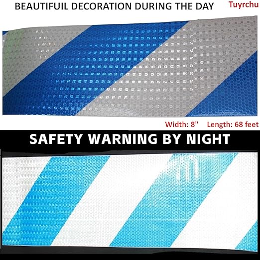 Blue and White Reflective Tape Outdoor Waterproof 8 inch X 66 feet, High Visibility Hazard Conspicuity Safety Industrial Marking Tape