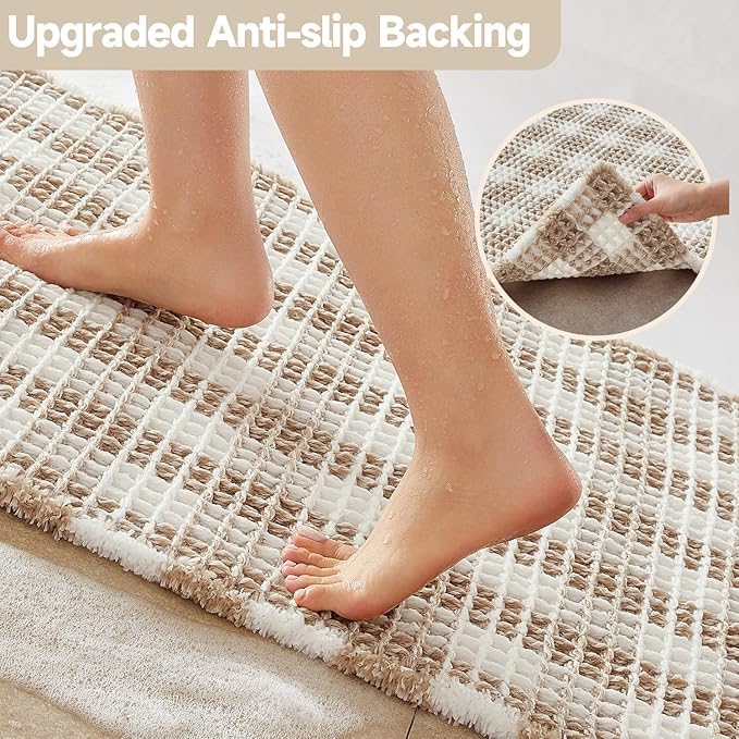 Waffle Runner Rug Bathroom, Long Boho Bathroom Rugs Non Slip Washable Absorbent Checkered Bathroom Mat Quick Dry Farmhouse Bath Mat, 72"x24" Khaki and White