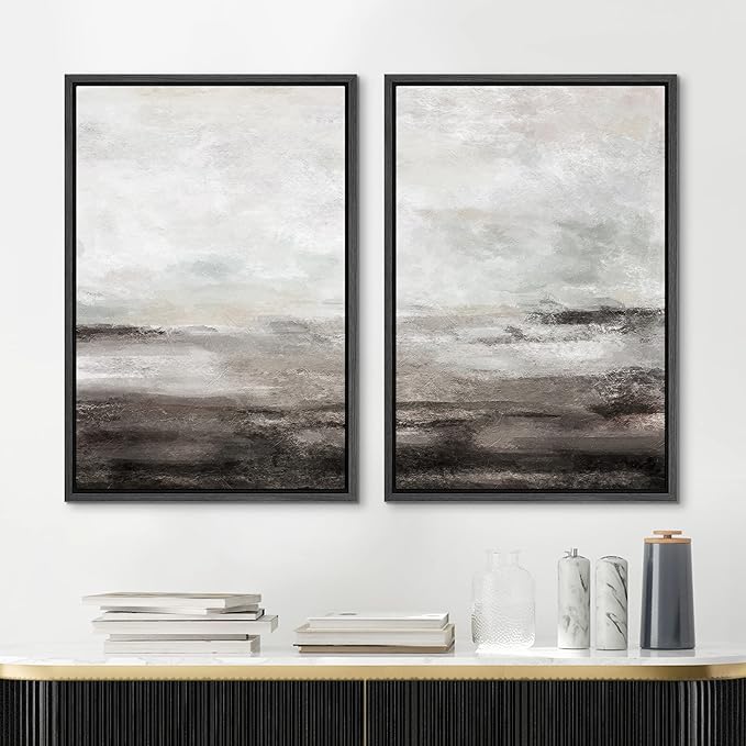 MUDECOR Framed Wall Art Print Set Brown and Gray Grunge Paint Stroke Landscape Abstract Shapes Illustrations Modern Minimalist Chic Relax/Calm for Living Room, Bedroom, Office - 24"x36"x2 Black