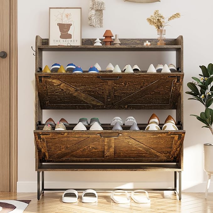 Narrow Shoe Storage Cabinet, Hidden Shoe Cabinet with 4 Wooden Legs,31.5" W Farmhouse Style Freestanding Shoe Rack, Rustic Brown Shoe Cabinet with 2 Flip Drawers for Entryway, Hallways