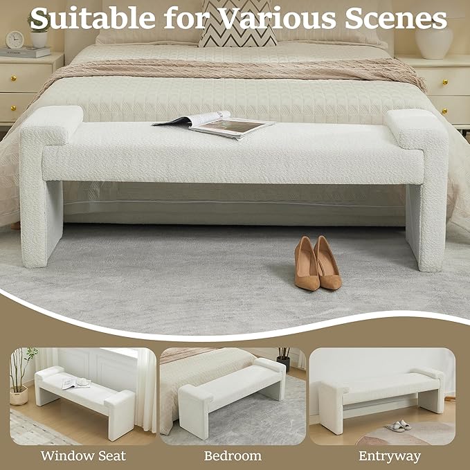 58.7" End of Bed Bench Upholstered Modern Bedroom Bench for Living Room & Entryway, Easy Assembly, Footrest Ottoman Accent Window Bench with Solid Wood Frame & Curved Arm, White