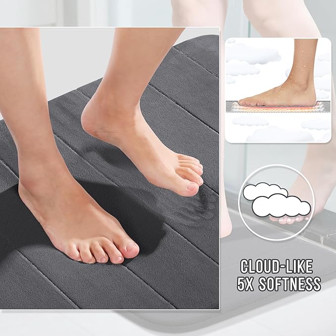 Yimobra 3 Pieces Memory Foam Bath Mat Set with U-Shaped Toilet Rug - Non Slip Super Soft Absorbent Quick Dry Bathroom Rugs for Bathtub, Vanity & Toilet Base, Dark Gray