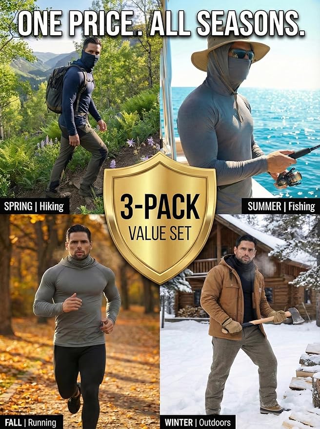 3-Pack Men's Compression Hoodie with Mask - Long Sleeve Winter Base Layer & Running Shirt - Sun Protection Fishing Gear