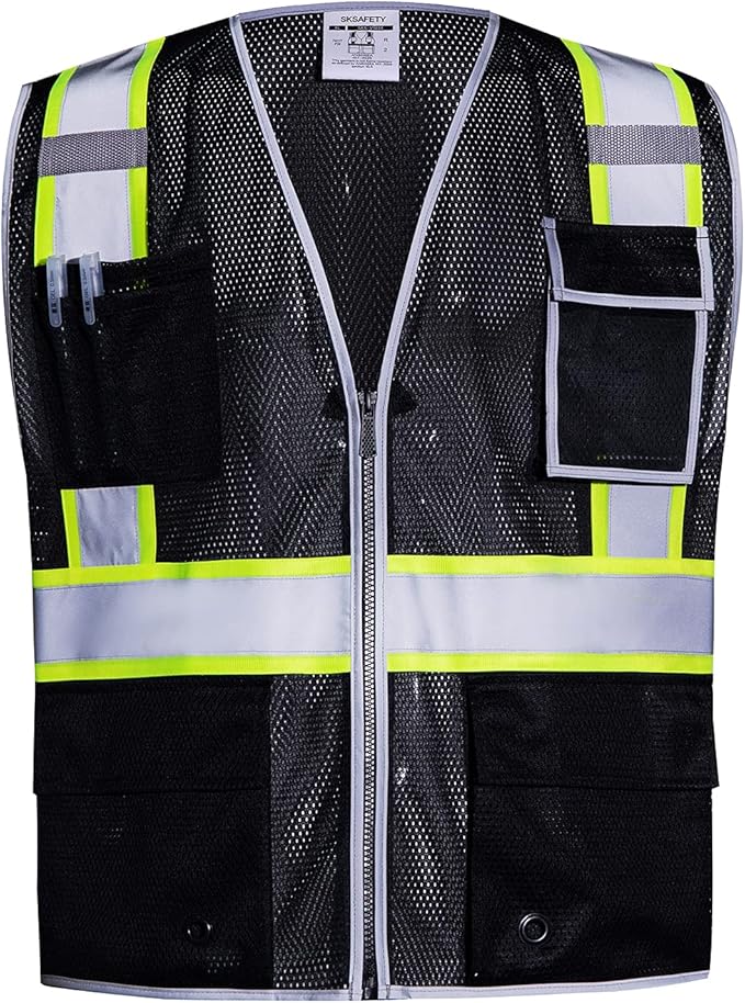 SKSAFETY 10 Pockets Safety Vest, Class 2 High Visibility Security with Zipper Double-sided mesh, Hi Vis Vest with Reflective Strips, ANSI/ISEA Standard, Construction Work Vest （Black, 2XL）