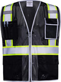 SKSAFETY 10 Pockets Safety Vest, Class 2 High Visibility Security with Zipper Double-sided mesh, Hi Vis Vest with Reflective Strips, ANSI/ISEA Standard, Construction Work Vest （Black, XL）
