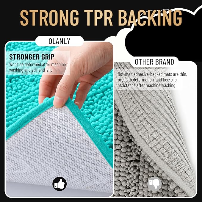 OLANLY Thick Bathroom Rugs 30x20, Extra Soft Absorbent Chenille Striped Bath Rugs, Rubber Backing, Machine Wash Dry, Bath Mats for Bathroom Floor, Tub and Shower, Home Decor Accessories, Teal