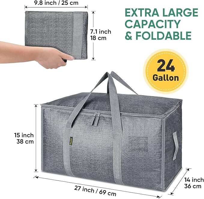 BALEINE 4-Pack Oversized Moving Bags with Reinforced Handles, Heavy-Duty Storage Tote for Clothes, Moving Supplies (Winter Grey, 4-Pack)