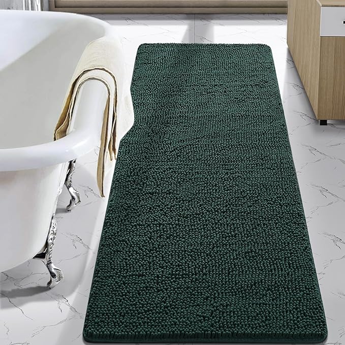 LOCHAS Luxury Bathroom Rug Shaggy Bath Mat 24 x 60 Inch, Washable Non Slip Bath Rugs for Bathroom Shower, Soft Plush Chenille Absorbent Carpets Mats, Hunter Green