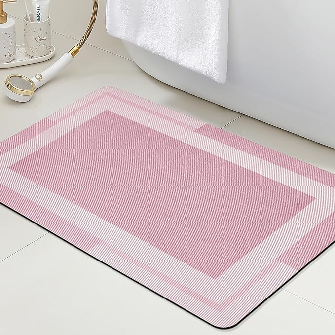 Ultra Thin Bath Mat, Upgrade Backing Non Slip Thin Bath Mats Fit Under Door, Quick Dry Ultra Absorbent Bathroom Rugs, Machine Washable Bath Rugs for Bathroom, Bathtub & Kitchen, Pink/Bordered/32"x20"