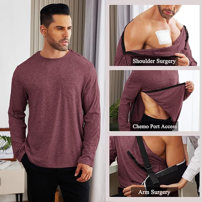 Deyeek Men's Post Shoulder Surgery Recovery Shirts Full Tear Away Long Sleeve Snap Chemo Port Access Shirt