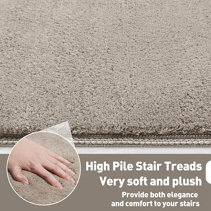 PURE ERA Carpet Stair Treads Ultra Plush 8" X 30" Soft Indoor Stair Protectors Pet-Friendly Non-Slip Skid Resistant Tape Free Washable Reusable(14 Pieces, Cream Gray)