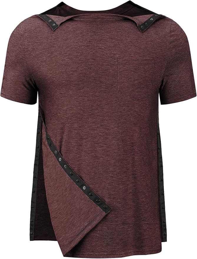 Men's Post Shoulder Surgery Recovery Shirts Tear Away Short Sleeve Full Open Side Snap Dialysis Chemo Clothing
