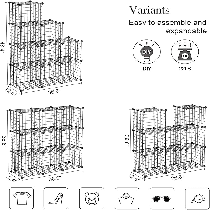 C&AHOME Wire Cube Storage - 9-Cube Organizer, Metal Grids, Modular Bookshelf, Closet Cabinet, Ideal for Home, Living Room, Office - 36.6'L x 12.4'W x 48.4'H Black