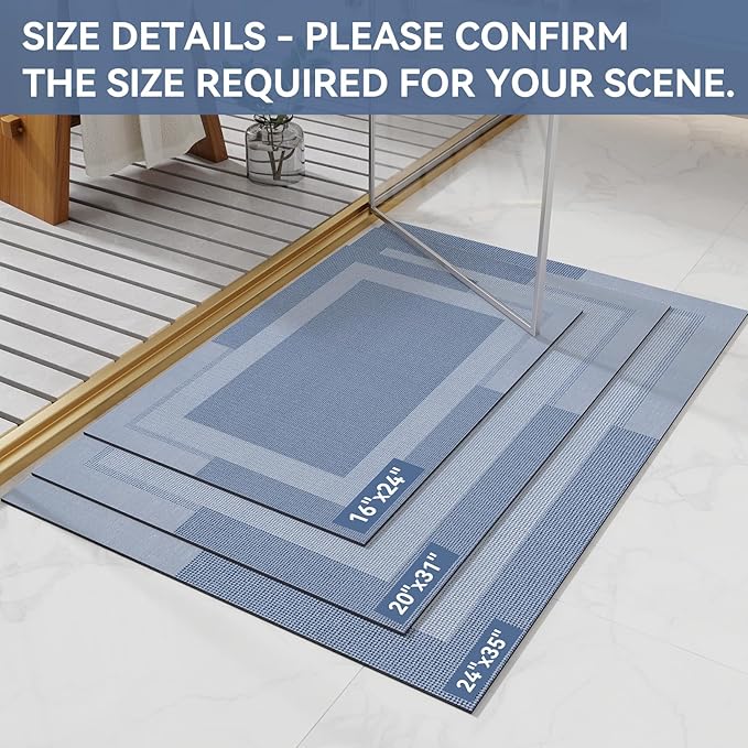 Non Slip Bath Mat, Rubber Backing Ultra Thin Bathroom Rugs Fit Under Door Quick Dry Super Absorbent Washable Bath Rug Shower Mat for Bathroom Floor Bathtub Shower Sink, Easy Care Blue 20"x 32"