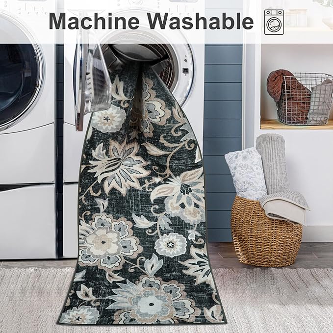 Beeiva Floral Entry Rug 2x3, Washable Kitchen Non Slip Entry Rugs for Inside House, Ultra Thin Vintage Doormat Non-Shedding Small Carpet for Bedroom Entryway Bathroom