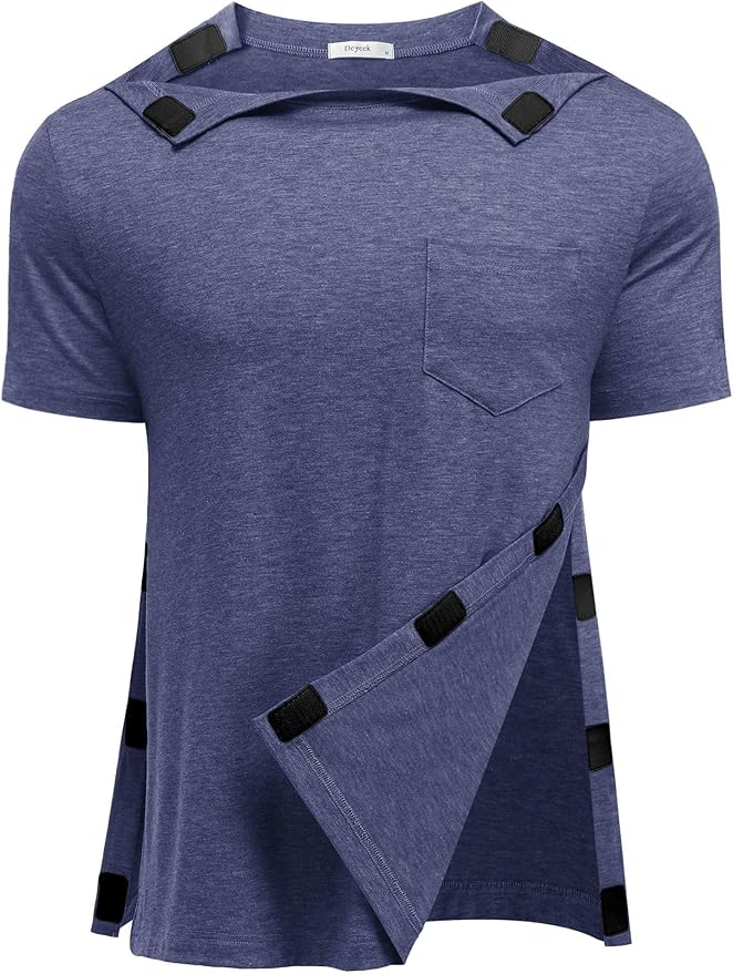 Deyeek Shoulder Post Surgery Recovery Shirts for Men Full Tear Away Short Sleeve T Shirt Adaptive Chemo Clothing