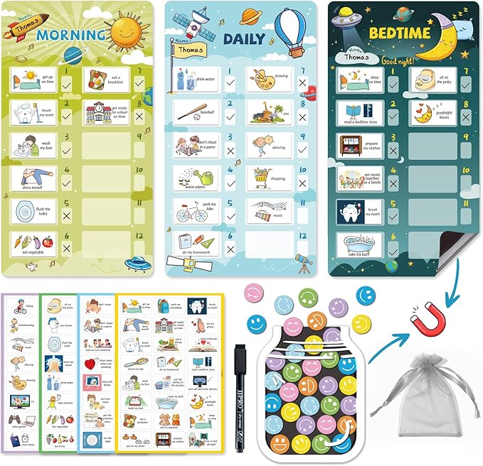 JJPRO Magnetic Bedtime/Morning/Daily Routine Chart for Kids with Reward Jar-Bedtime Checklist Toddler Reward Jar,Magnetic Chore Chart for Kids,Daily Routine Reward Chart -Outer Space