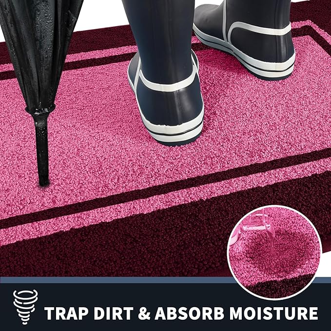 PURRUGS Dirt Trapping Door Mat 20" x 32", Non-Slip/Skid Machine Washable Entryway Rug, Shoes Scraper, Area Rug, Super Absorbent Welcome Mat for Muddy Wet Shoes and Paws, Pink & Burgundy Red