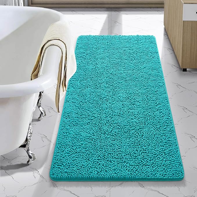 LOCHAS Luxury Bathroom Rug Shaggy Bath Mat 24 x 44 Inch, Washable Non Slip Bath Rugs for Bathroom Shower, Soft Plush Chenille Absorbent Carpets Mats, Teal Blue