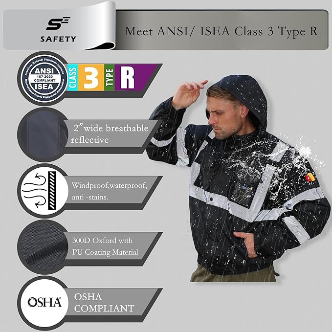 sesafety Reflective Jacket for Men, High Visibility Jackets, Safety Jackets for Men, Hi Vis Construction Bomber Jackets Waterproof with Pockets and Zipper, Black Bottom, Class 3
