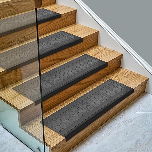 Ottomanson All-Weather Bullnose Rubber Stair Treads – Non-Slip Step Mats for Wooden, Concrete, or Outdoor Stairs, Easy Maintenance, Tool-Free Placement, Pack of 5, 10" x 30", Black Coin