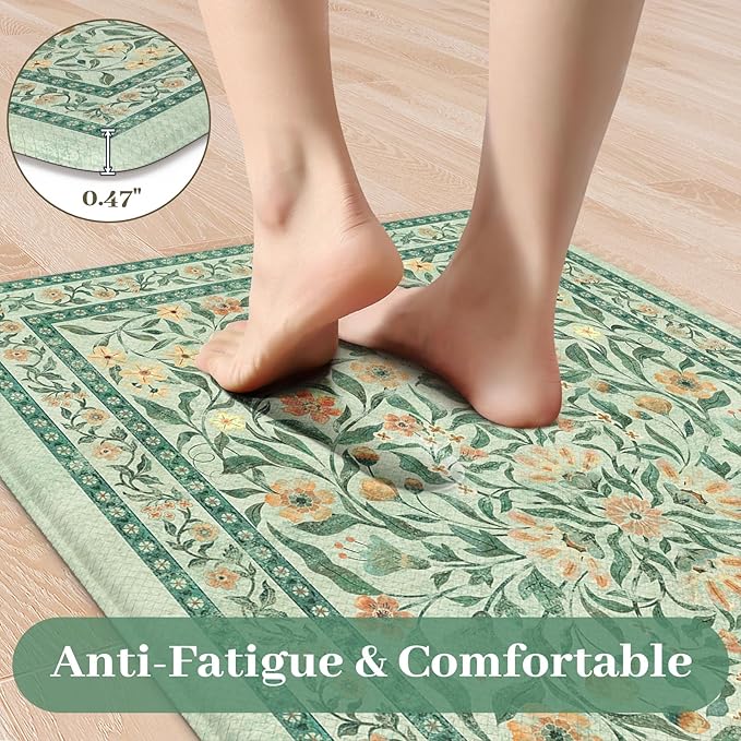 KIMODE Anti Fatigue Kitchen Mats for Floor 2 Piece, Boho Floral Kitchen Rugs Non Slip, Memory Foam Kitchen Floor Mats, Ergonomic Standing Mats for Sink Laundry Office Desk Green 20"x47"+20"x32"