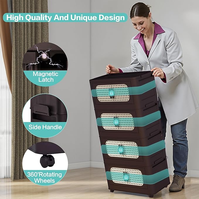 4 Tiers Folding Storage Cabinet,20" Side Wide Stackable Storage Bins with Doors and Wheels, Space Saving Plastic Cabinet for Living Room, Office, Dorm, Retro Brown