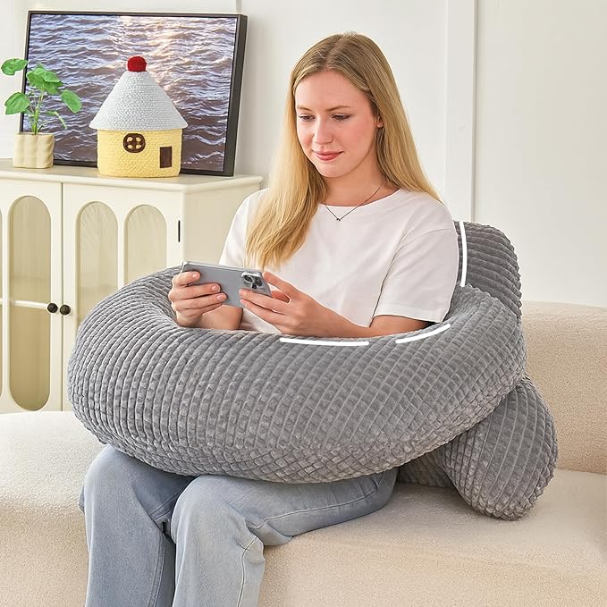 Reading Pillow for Bed,U Shaped & Back Support Pillow for Bed,17" Backrest with Lumbar & Arm Support,Comfy Flannel Fabric,Lap Pillow for Gaming/Reading/Watching TV,Gray