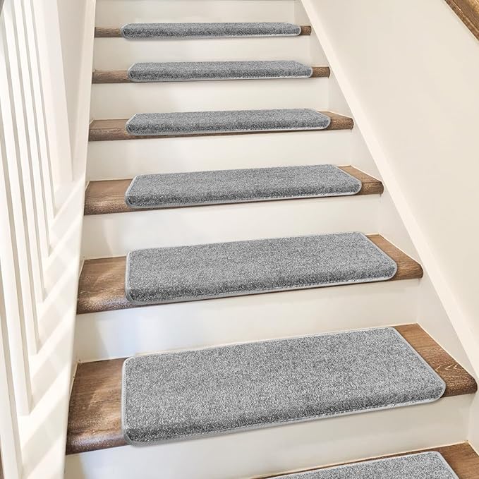 PURE ERA Bullnose Carpet Stair Treads Set Tape Free Non-Slip Indoor Stair Protectors Pet Friendly Rugs Covers Soft Skid Resistant Washable Reusable 9.5" x 30"(2 Pieces,Light Gray)