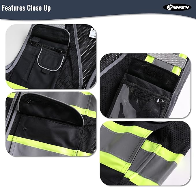 JKSafety 11 Pockets Hi-Vis Black Mesh Safety Vest for Men Women High Visibility Reflective Construction with Zipper Work Utility PPE Work Gear ANSI/ISEA compliant (102-Black 3XL)