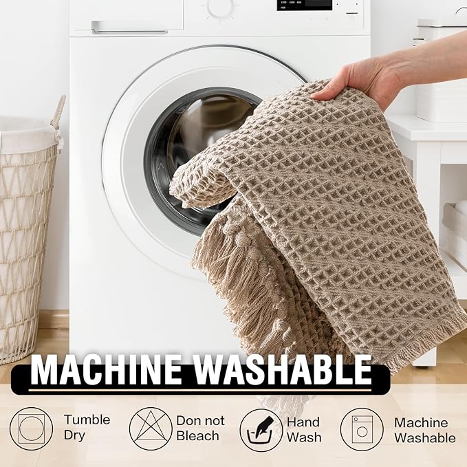 H.VERSAILTEX Waffle Bath Mat Super Absorbent Boho Bath Mat Non Slip Bath Rugs for Bathroom Floor Machine Washable Dry Fast Bathroom Rugs with Handmade Tassels, 17" x 24", Irish Cream