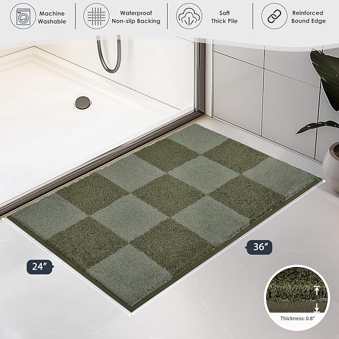 PURRUGS Bathroom Rug Non-Slip Machine Washable 24" x 36", Super Absorbent and Quick-Dry Bath Mat, Extra Soft and Plush Bath Rug for Shower, Bathtub and Sink, Sage Green & Olive Green
