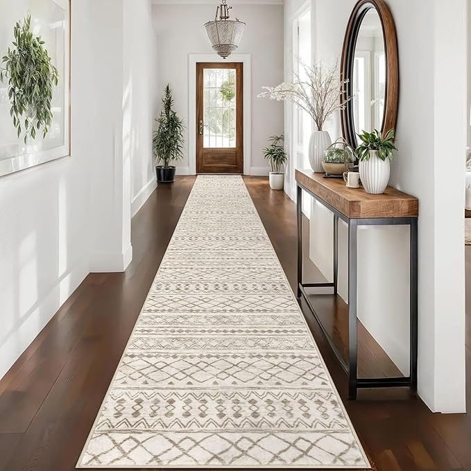 KUTA Boho Runners for Hallways 2.6x16 ft Moroccan Beige Washable Long Hall Carpet Non-Slip Vintage Soft Distressed Geometric Kitchen Runner Rug for Bedroom Laundry Living Room